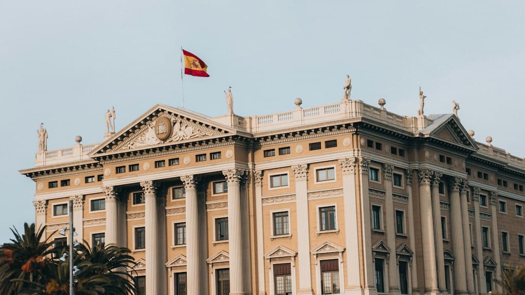 a large building with a flag on top of it