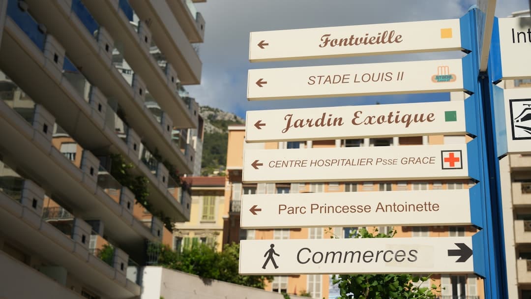 City directional signs showing routes to landmarks and commerce.