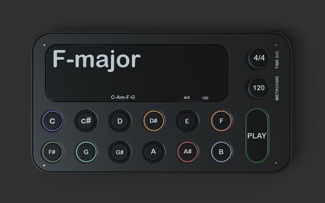 A digital music device displays f-major scale notes.